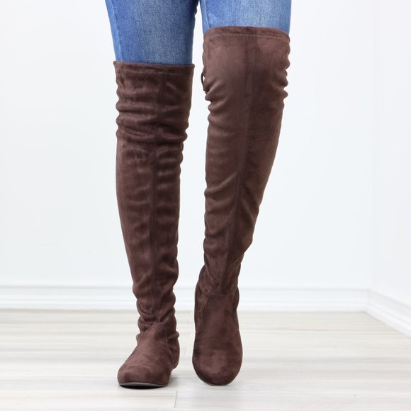 Brown Thigh High Over The Knee Flat Boots Faux Suede - Picture 8 of 13